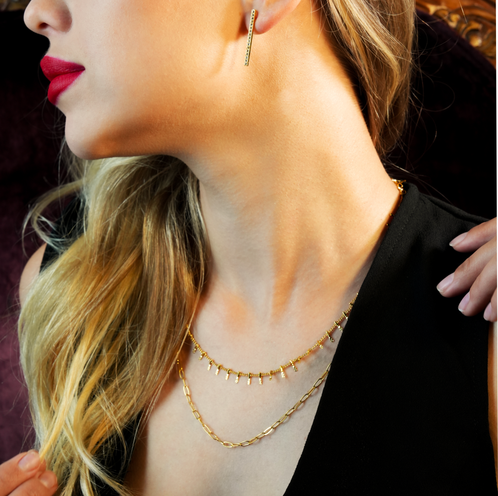 Style BRONTE 85460:  Layered 2-Chain Necklace with Minimalist PaperClip Chain & Ornate Hook Chain.
