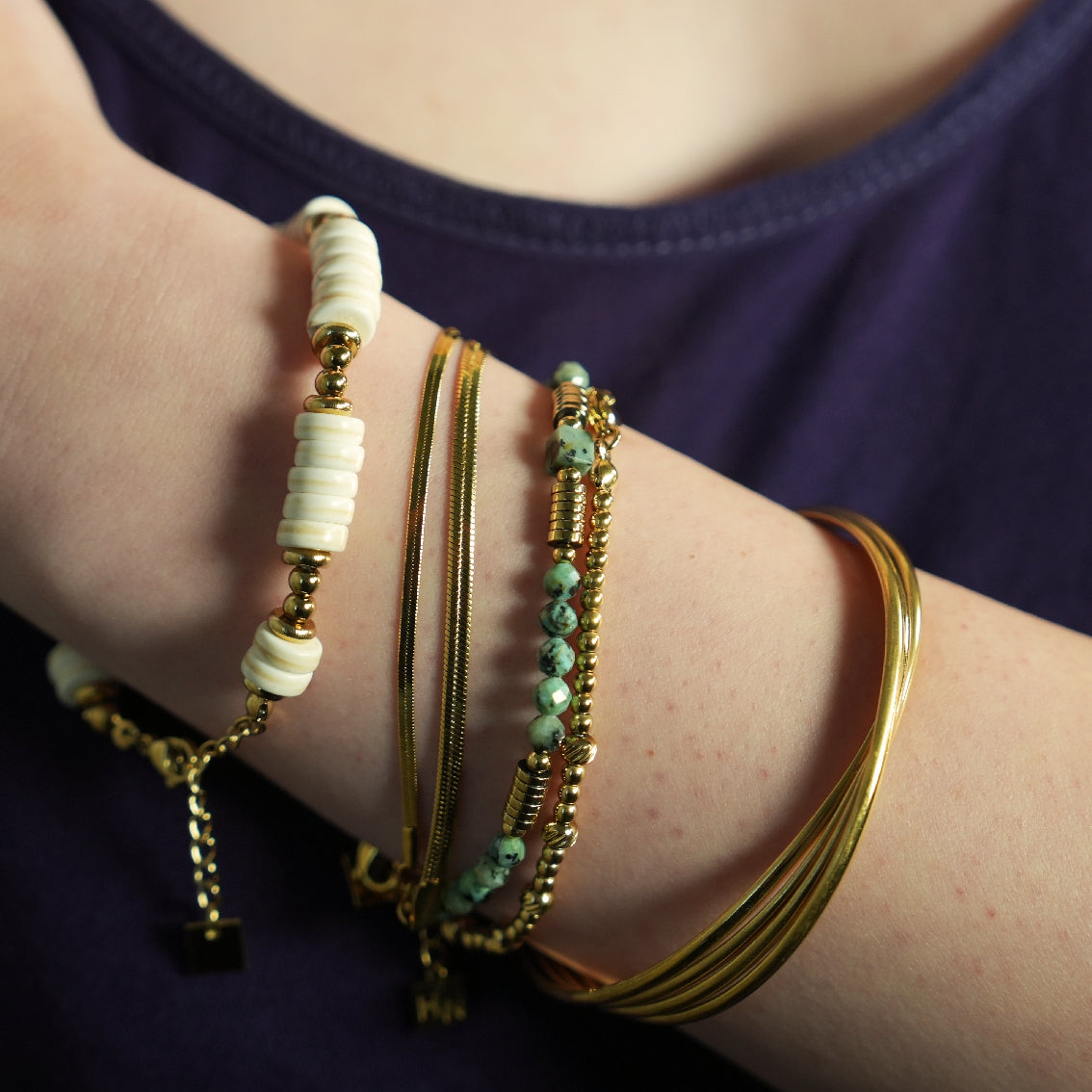 GODIVA: White Turquoise Stone & Gold Beaded Modern Boho Bracelet