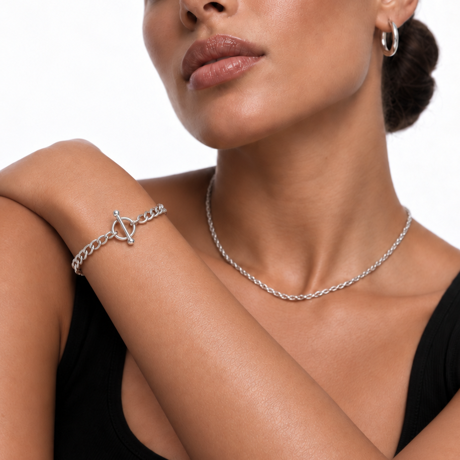 CENTO Silver (White Gold): Curb Chain Toggle Bracelet