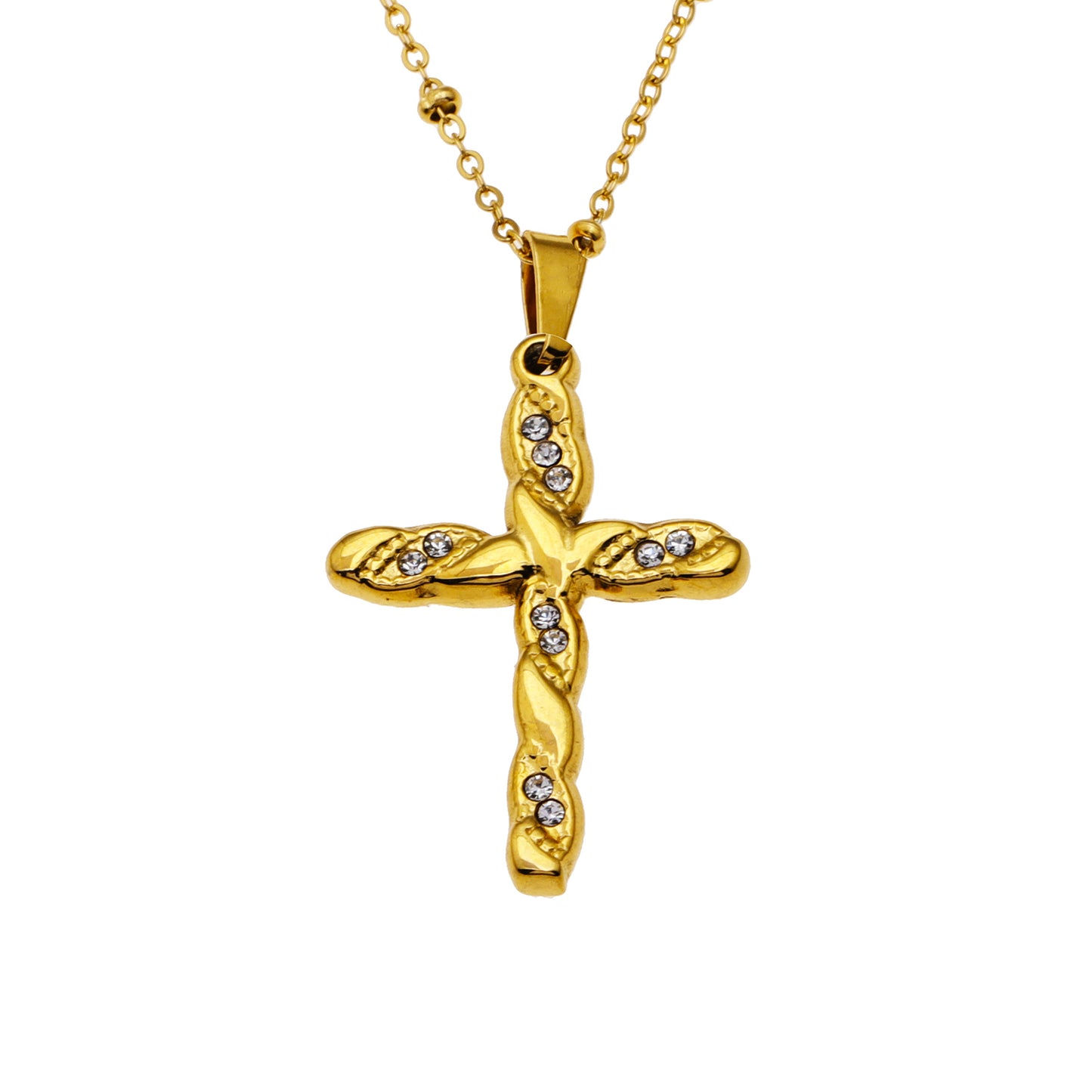 CHAMONIX: Dainty Beaded Chain Necklace with a Zirconia Embedded Textured Cross Pandent
