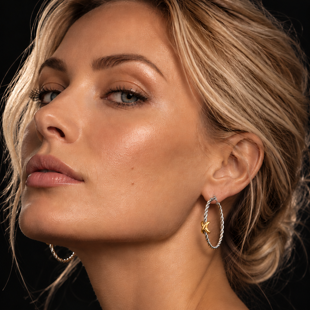 Blonde model wearing CIPRIANNA 37mm silver and gold twisted hoop earrings by HACKNEY NINE against a dramatic black background.