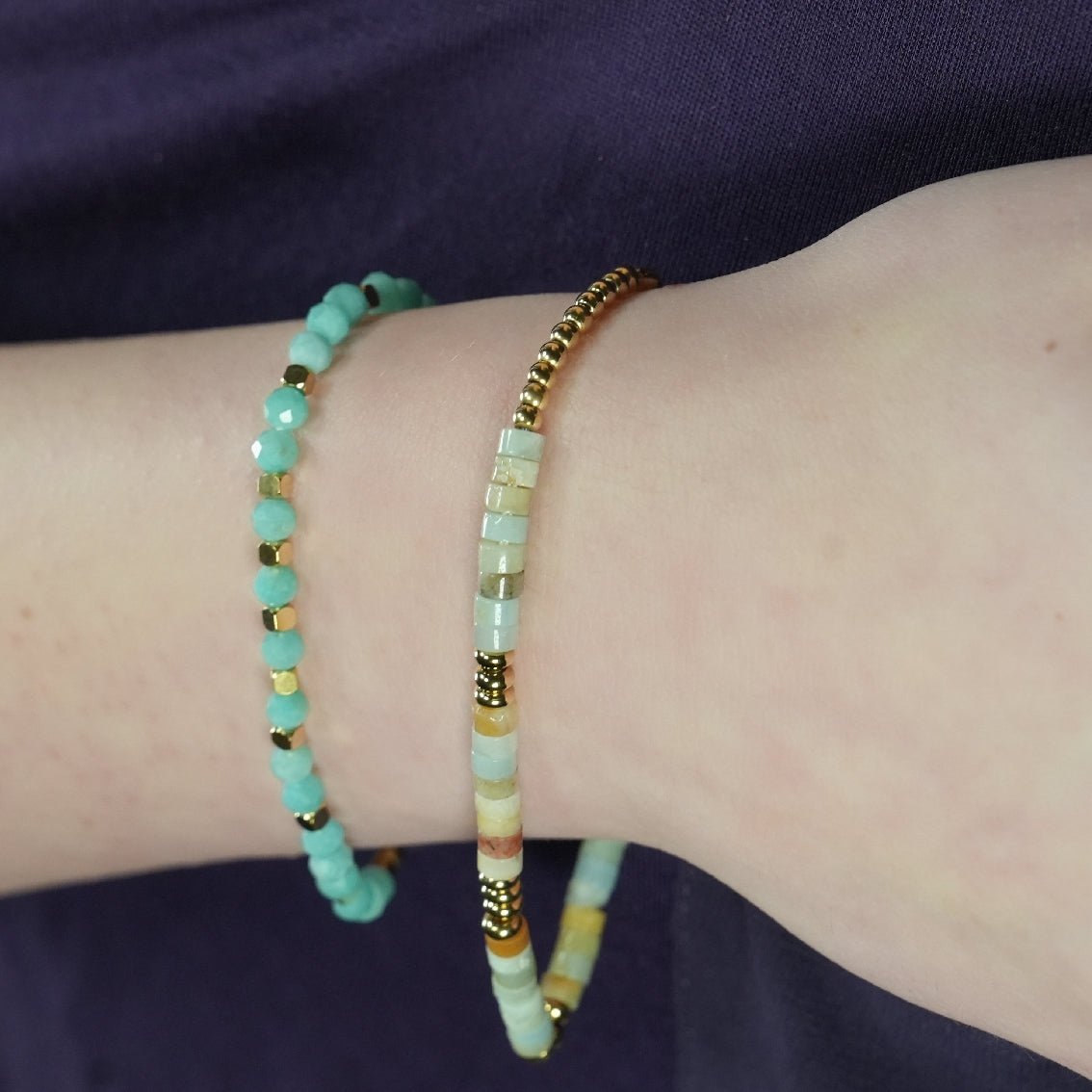 Style CLEMENTINA 2621: Amazonite Stones & Gold Beaded Bracelet.