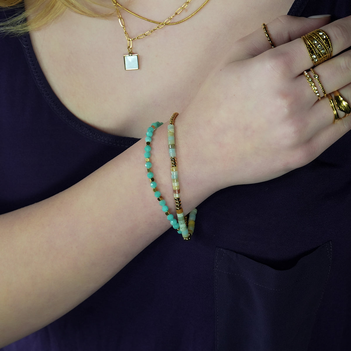 Style CLEMENTINA 2621: Amazonite Stones & Gold Beaded Bracelet.