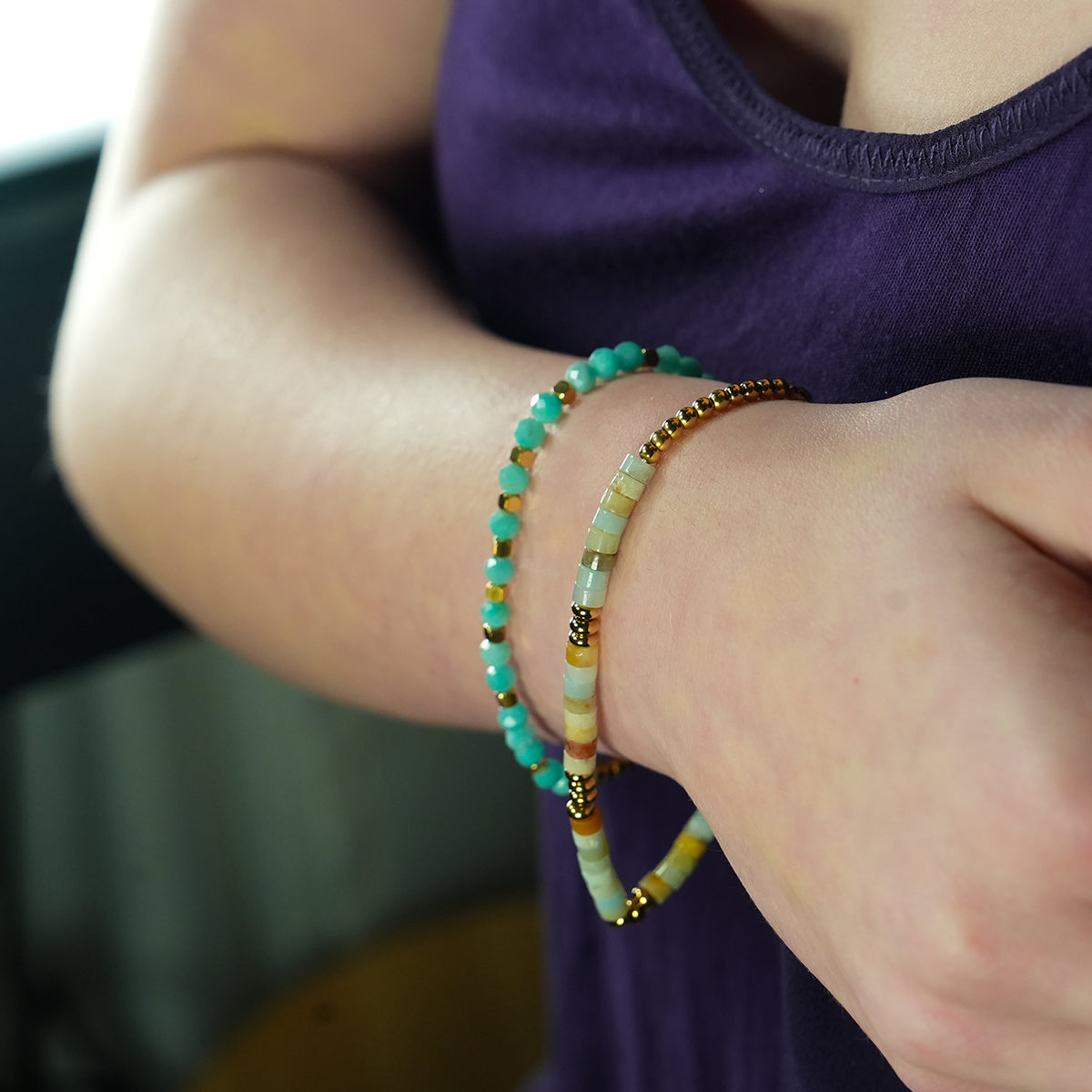 Style CLEMENTINA 2621: Amazonite Stones & Gold Beaded Bracelet.
