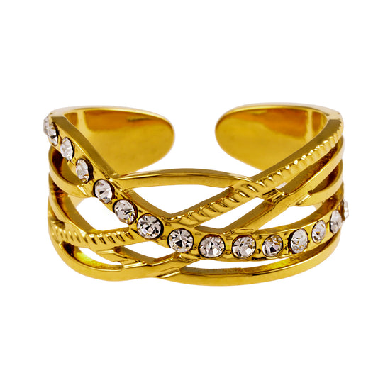 Style CORAZON 0783: Cross Over Multi Stacked Zirconia Embedded Ring.