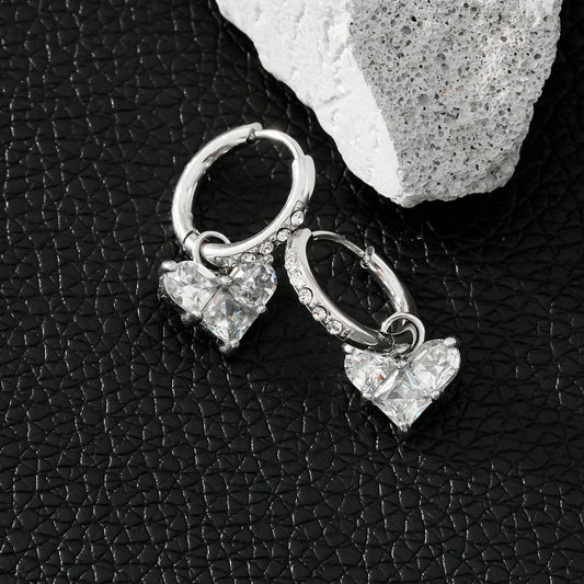 CREEDA White Gold (Silver Toned): Vintage Style Hoops with Moissanite Heart Charm
