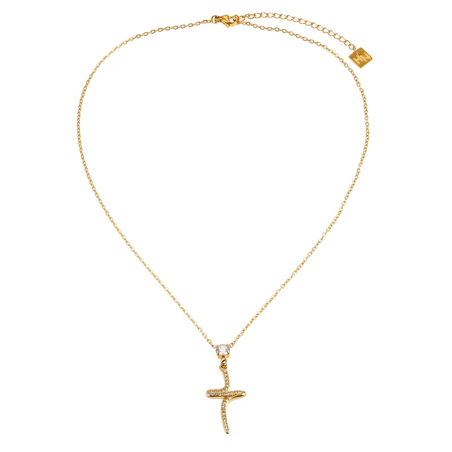 CRISTO Gold: Dainty Chain Necklace with a Zirconia Embedded Abstract Textured Cross Pendent