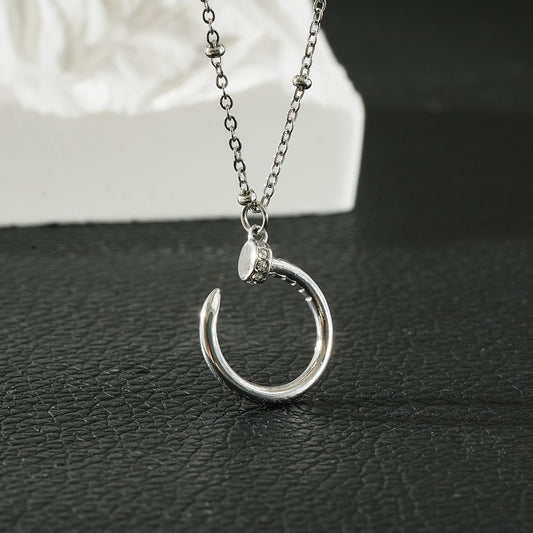 CSENGE Silver (White Gold) Necklace:  Zirconia Embedded Circular Nail Pendant on a Satellite Beaded Chain