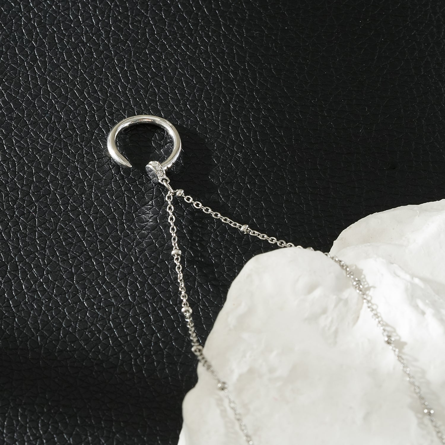 CSENGE Silver (White Gold) Necklace:  Zirconia Embedded Circular Nail Pendant on a Satellite Beaded Chain