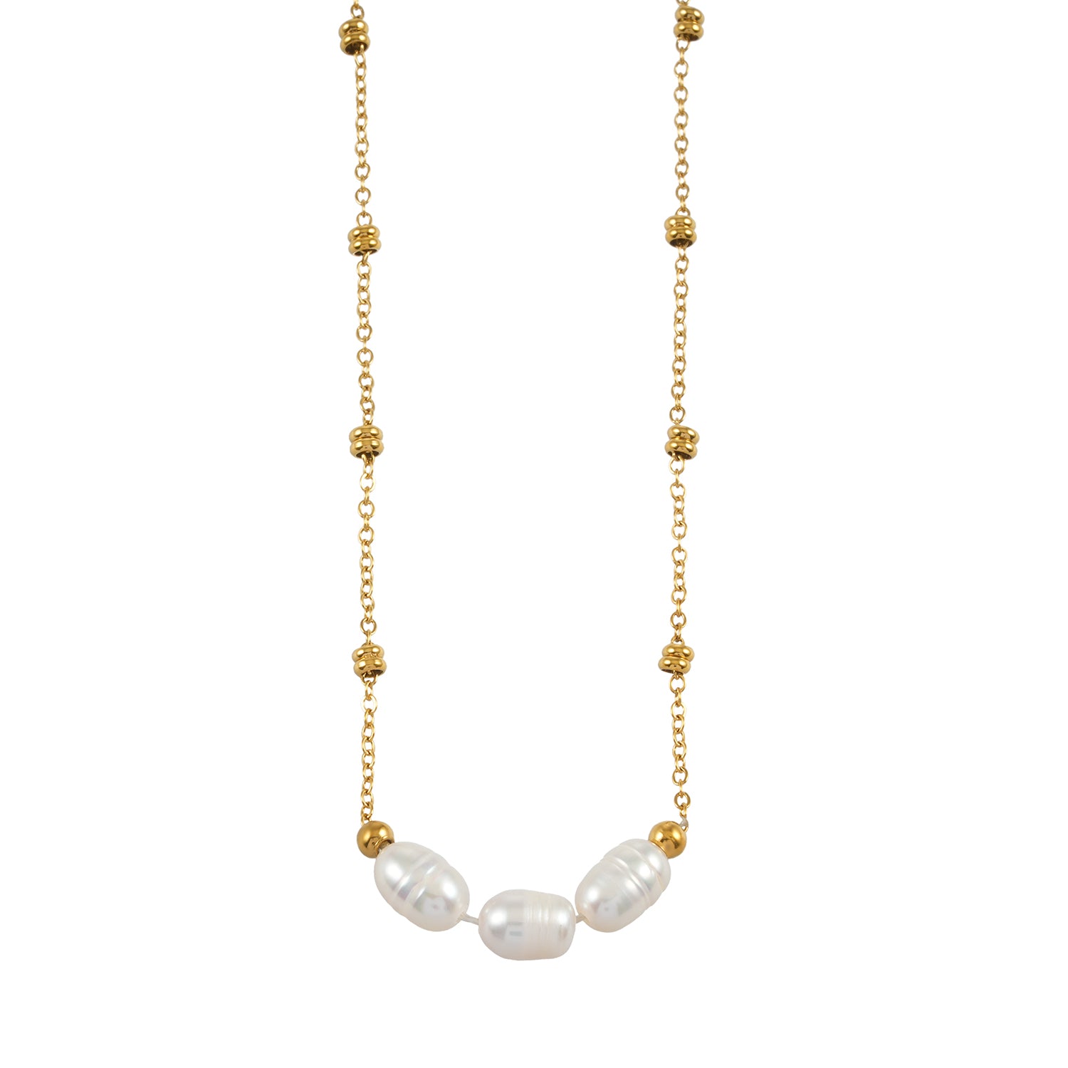 DAMINNA Gold: Dainty Beaded Chain Necklace with Freshwater Pearl Trio