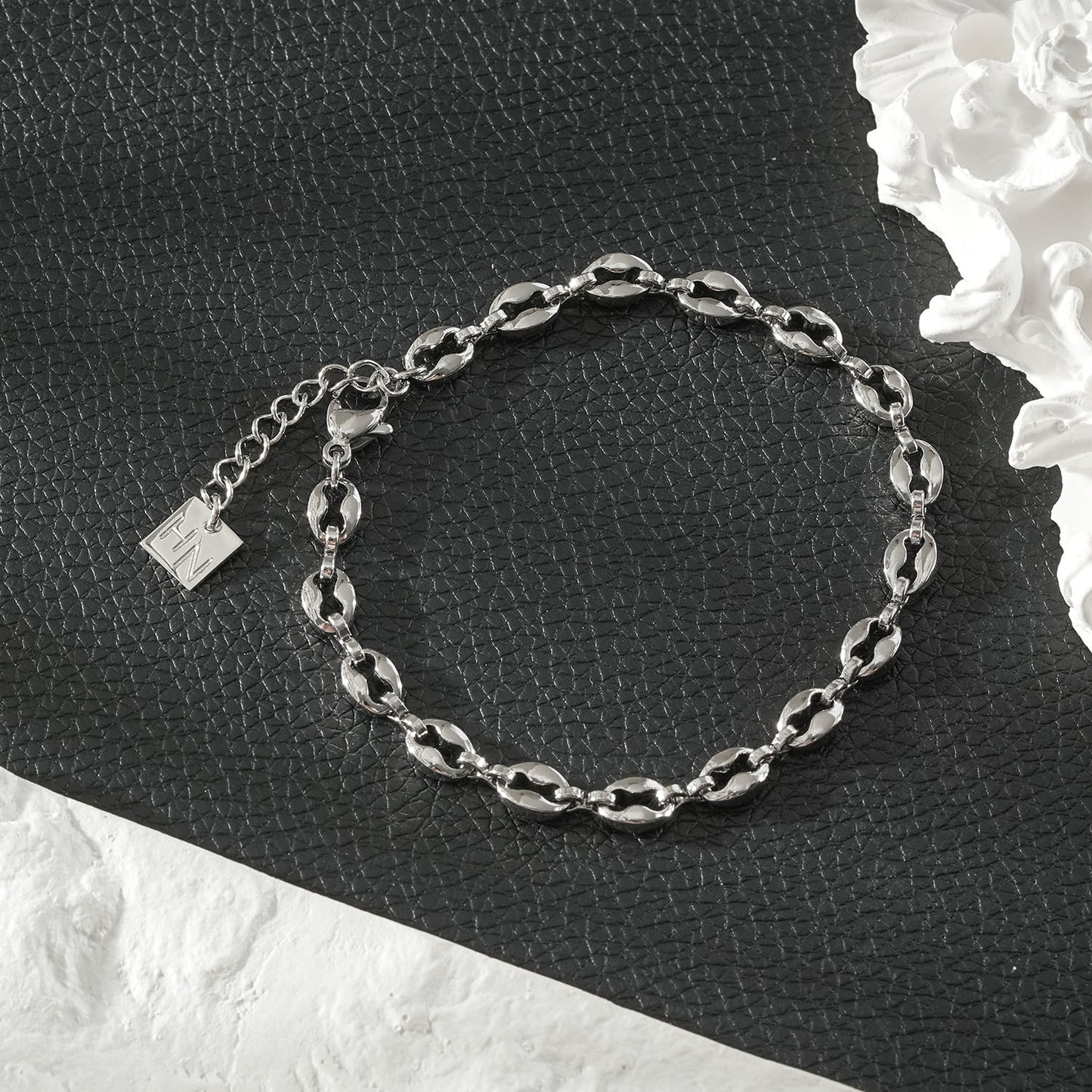 BOSEDE Silver (White Gold): Oval Beaded Link Chain Bracelet – Minimalist Everyday Jewellery