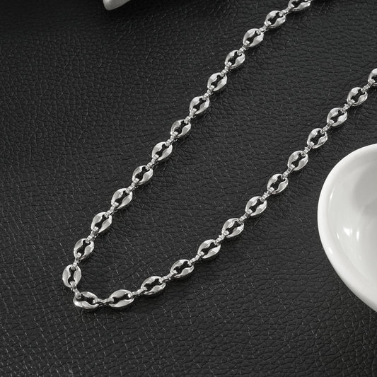 IKEM Silver (White Gold): Oval-Beads Coffee Bean Chain Necklace