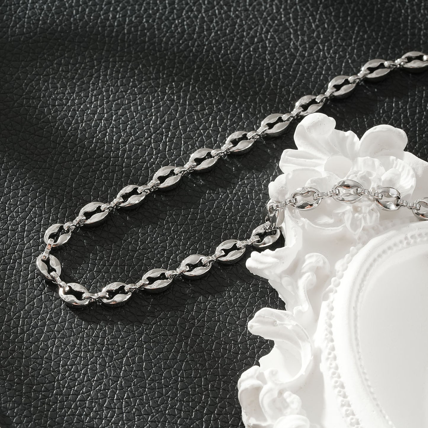 IKEM Silver (White Gold): Oval-Beads Coffee Bean Chain Necklace