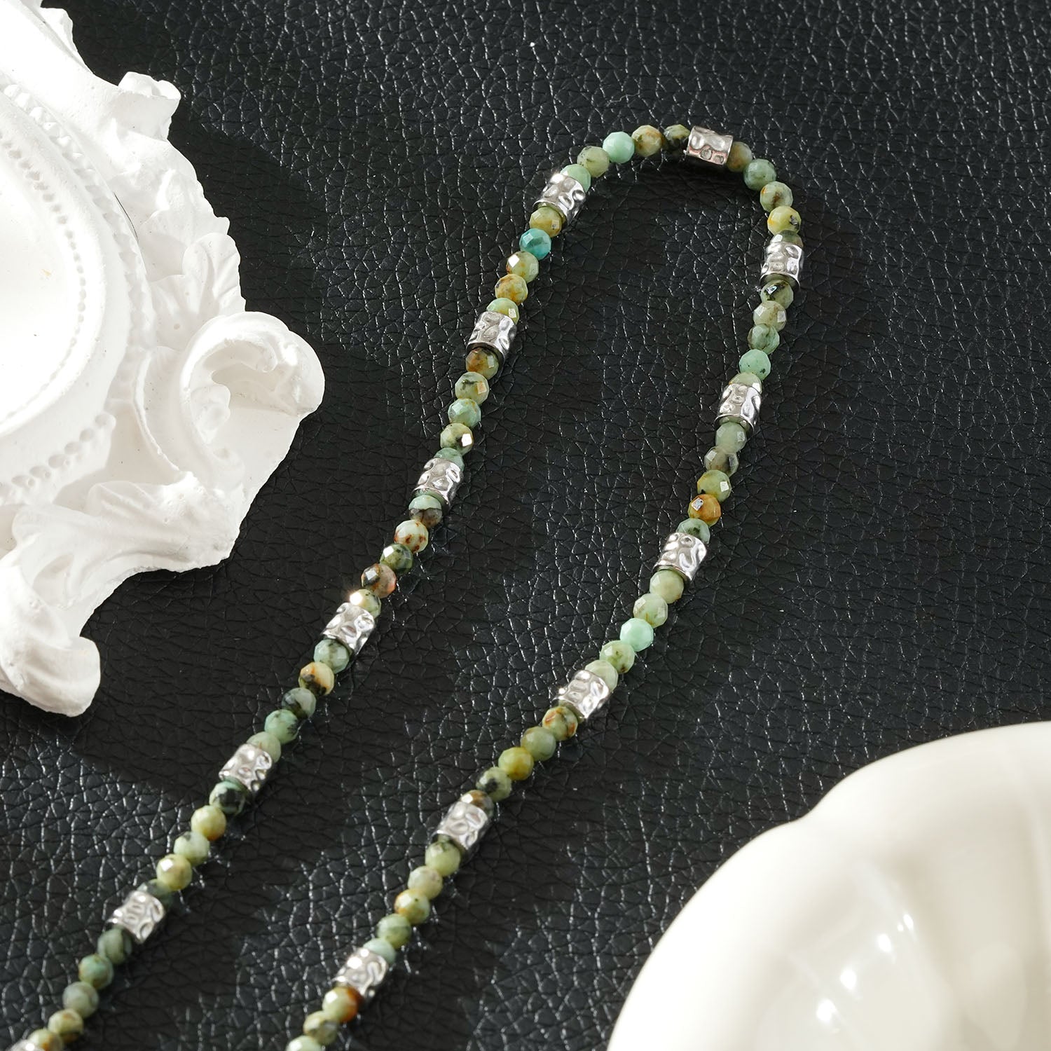 TWANDA Silver (White Gold): Mix Natural Stone and Metal Beads Chain Necklace