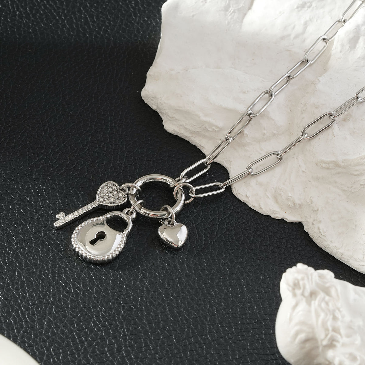 SARDAE Silver (White Gold): Paperclip Chain Necklace with Heart, Key & Padlock Charms $40