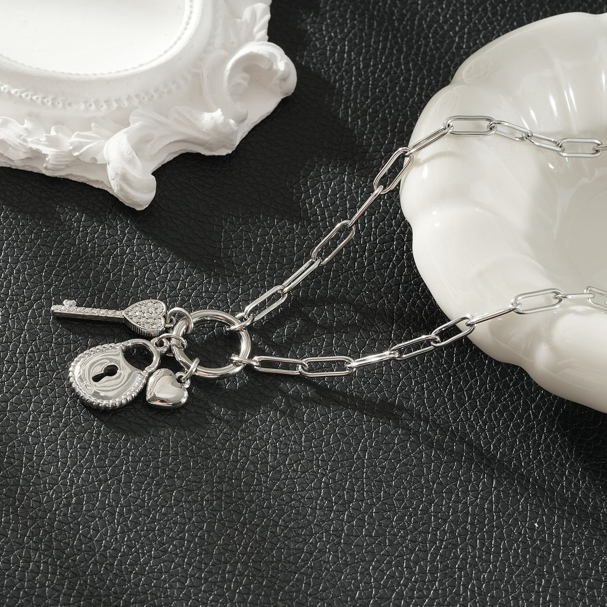 SARDAE Silver (White Gold): Paperclip Chain Necklace with Heart, Key & Padlock Charms $40