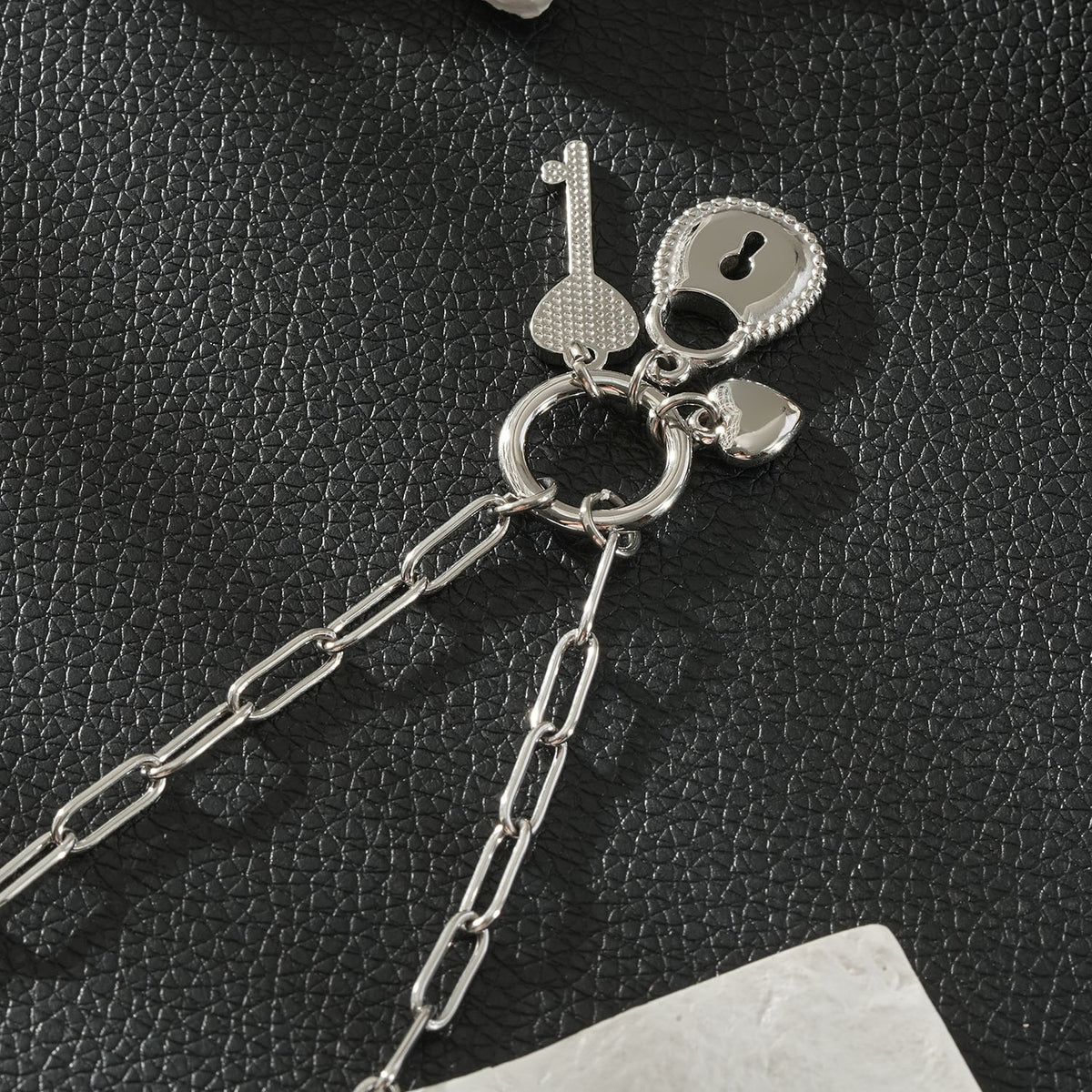 SARDAE Silver (White Gold): Paperclip Chain Necklace with Heart, Key & Padlock Charms $40