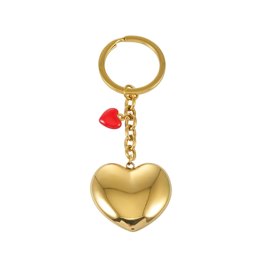 AKAMAI Gold: Golden Heart Charm Key Ring with Red Enamel Accent