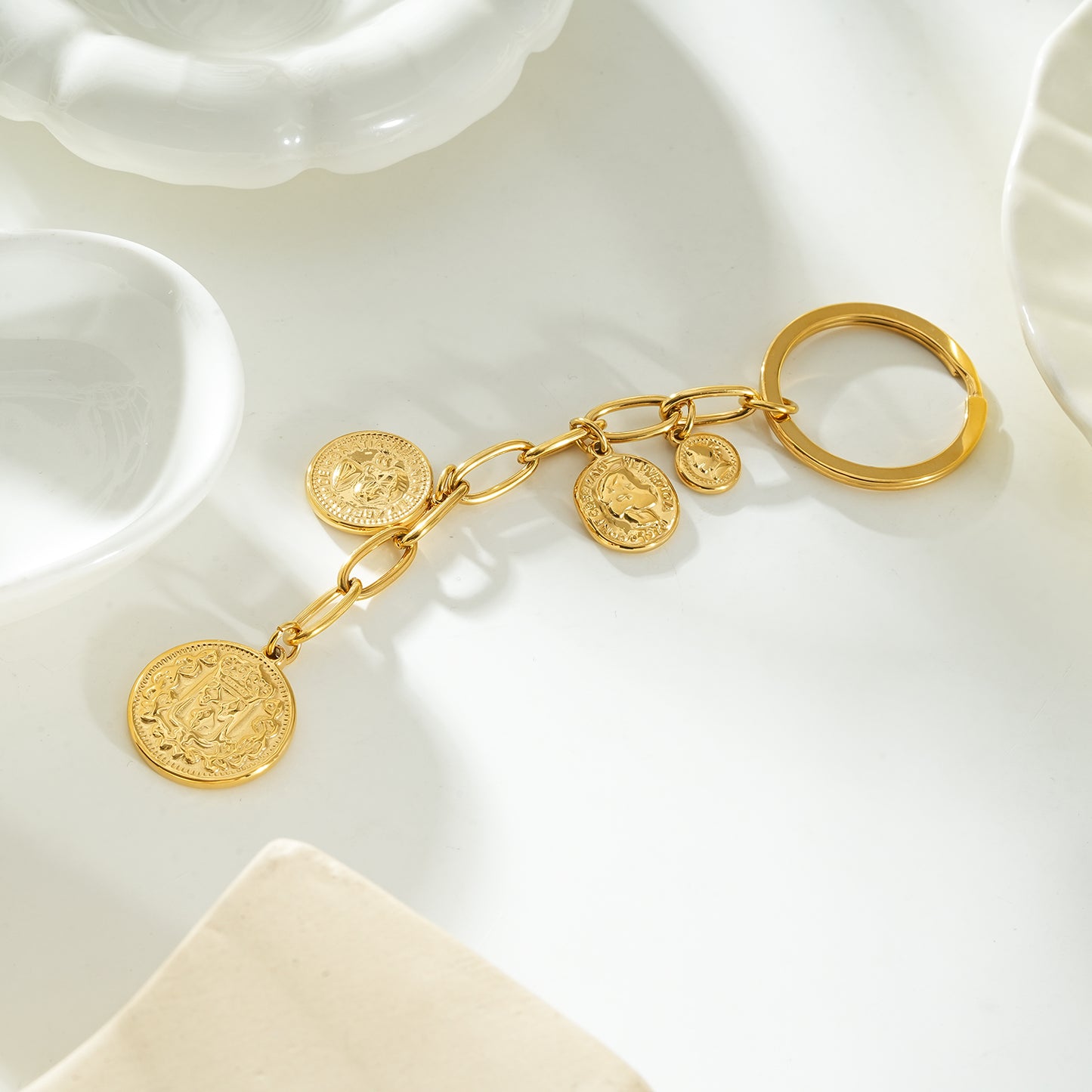 NYRIS Gold: Coin Charms on Paperclip Chain Keyring
