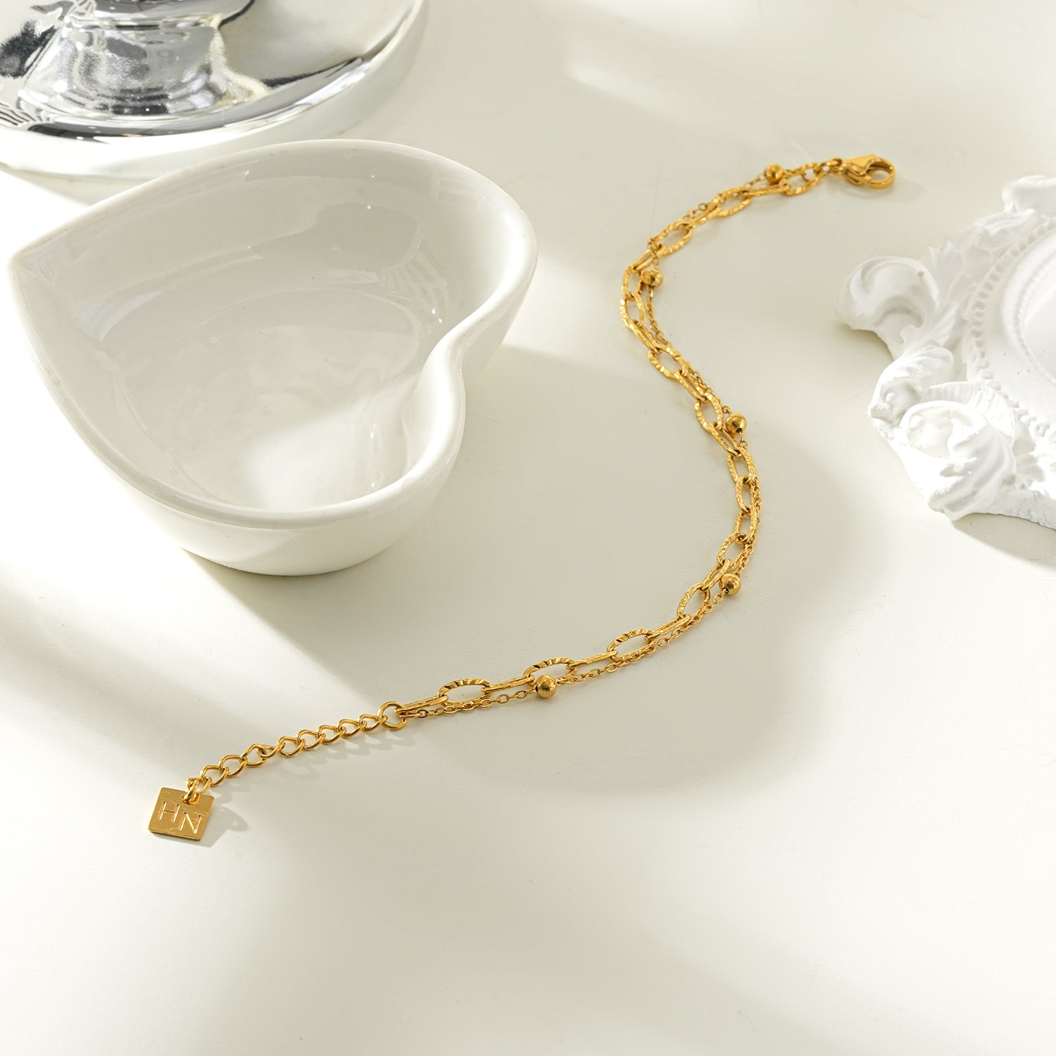 CASTILIA Gold Bracelet:  Double Stacked Paper Clip Chain &  Beaded Chain - Dazzle in Duality
