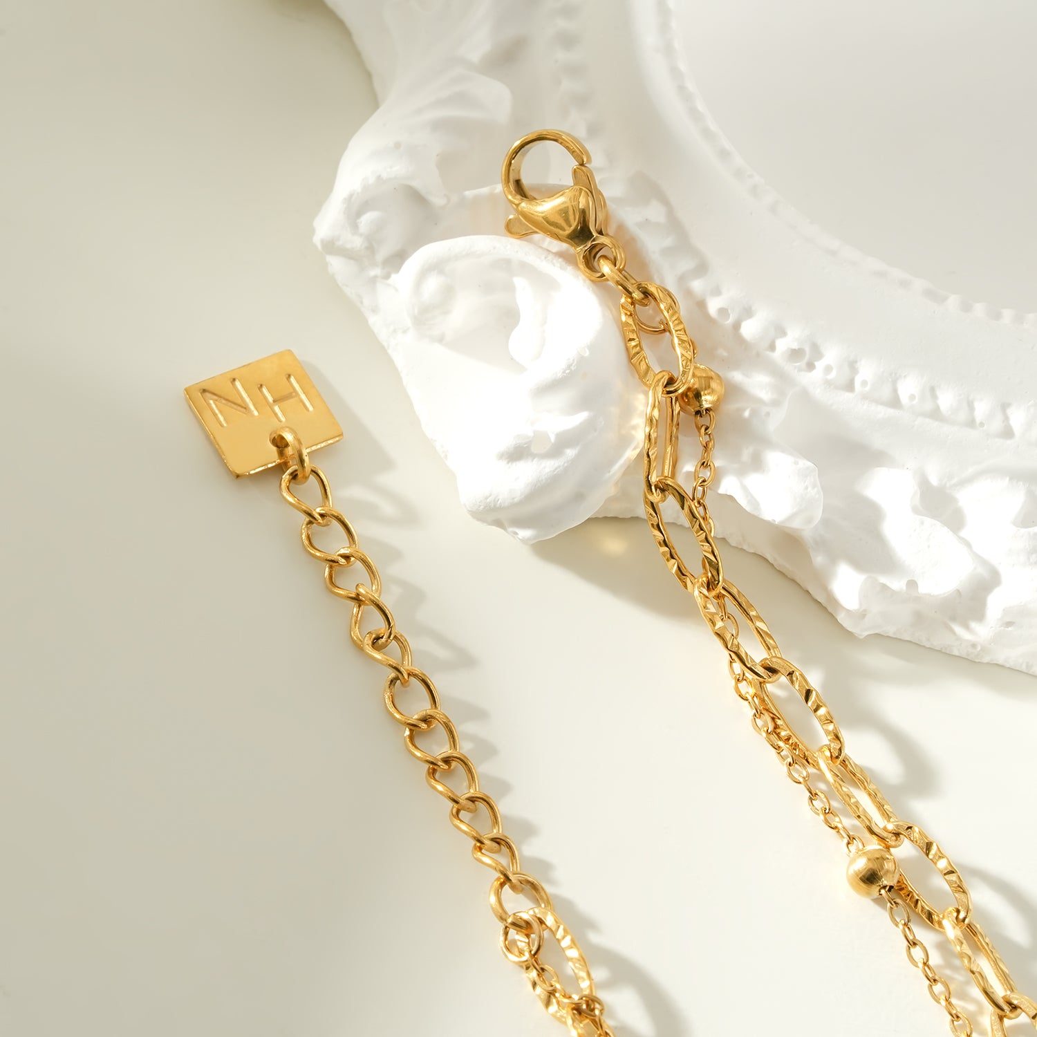 CASTILIA Gold Bracelet:  Double Stacked Paper Clip Chain &  Beaded Chain - Dazzle in Duality