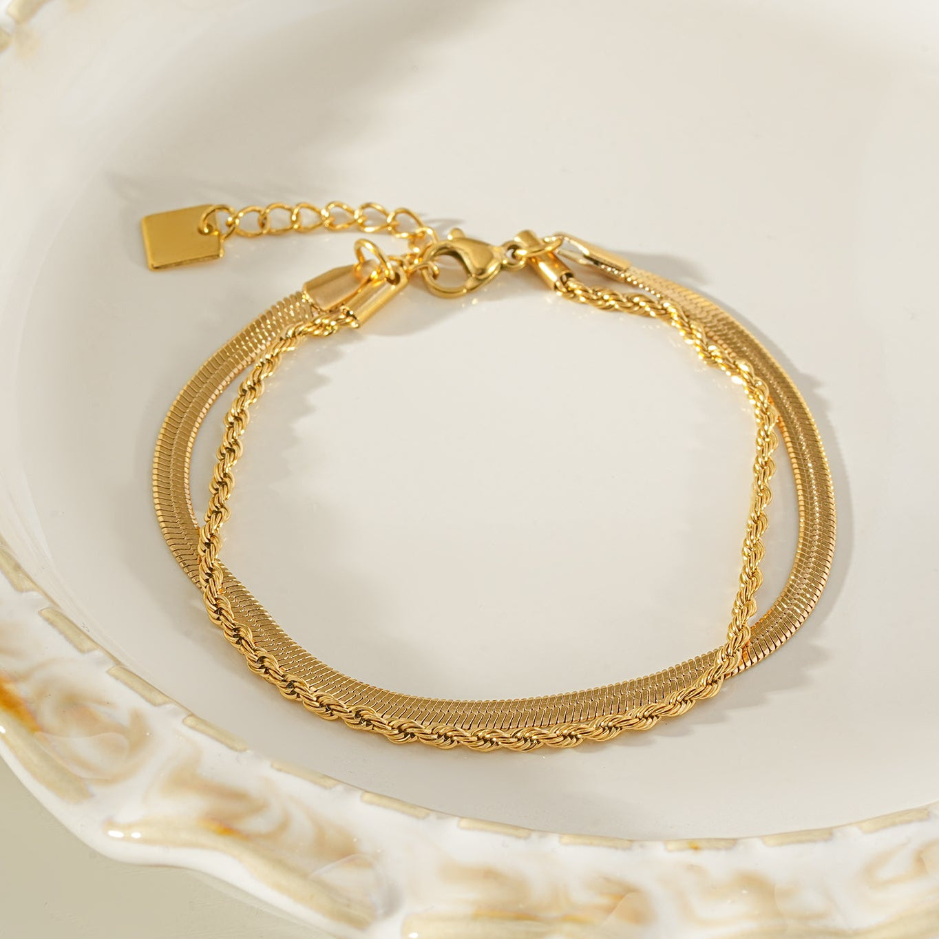 FILSAN Gold: 2-Layered Flat Snake Chain & Rope Chain Bracelet