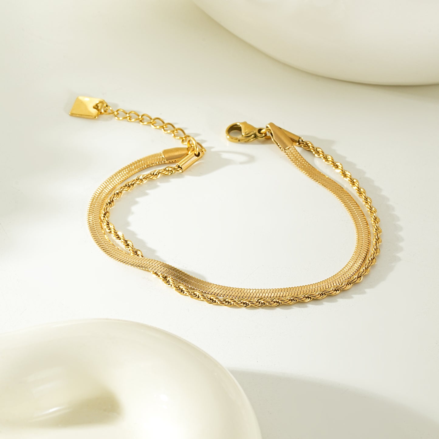 FILSAN Gold: 2-Layered Flat Snake Chain & Rope Chain Bracelet