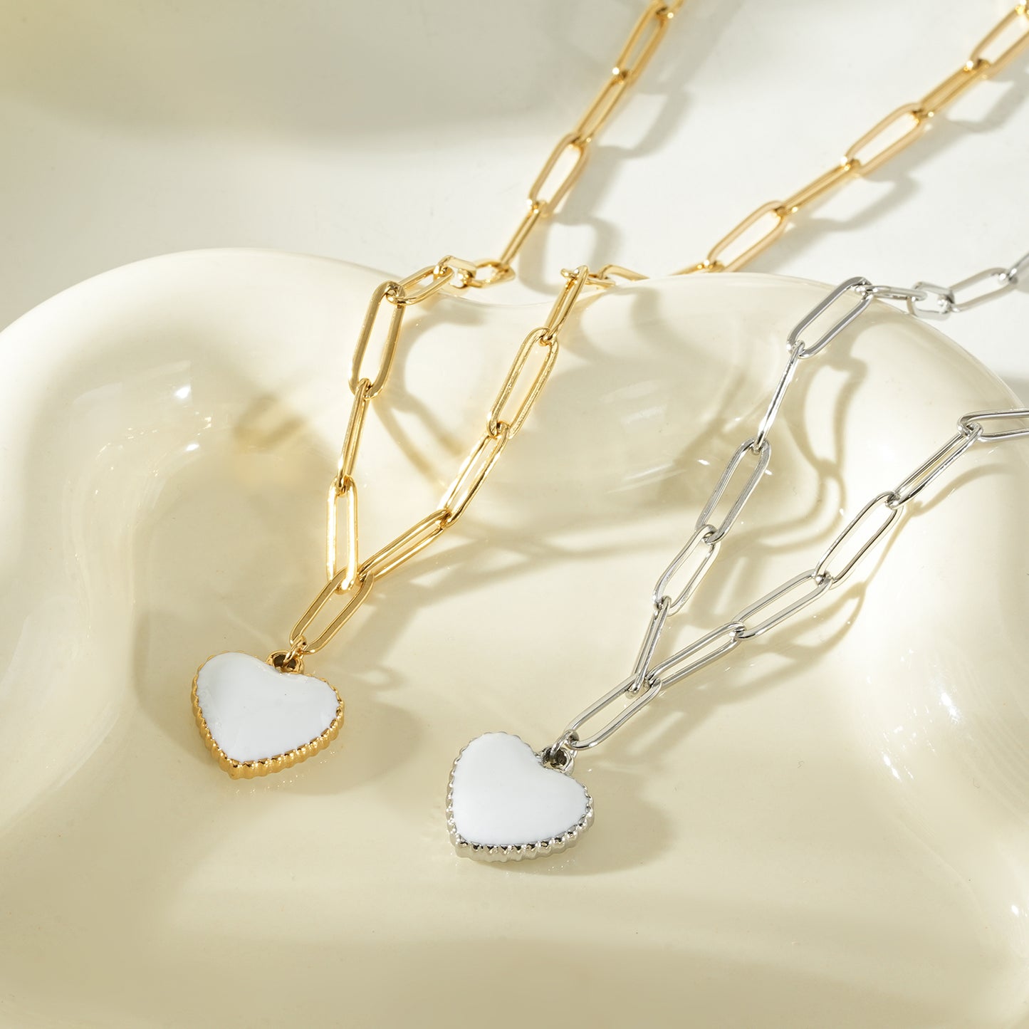 HEART WHITE Gold: Paper Clip Chain Anchoring an Enameled White Heart Charm