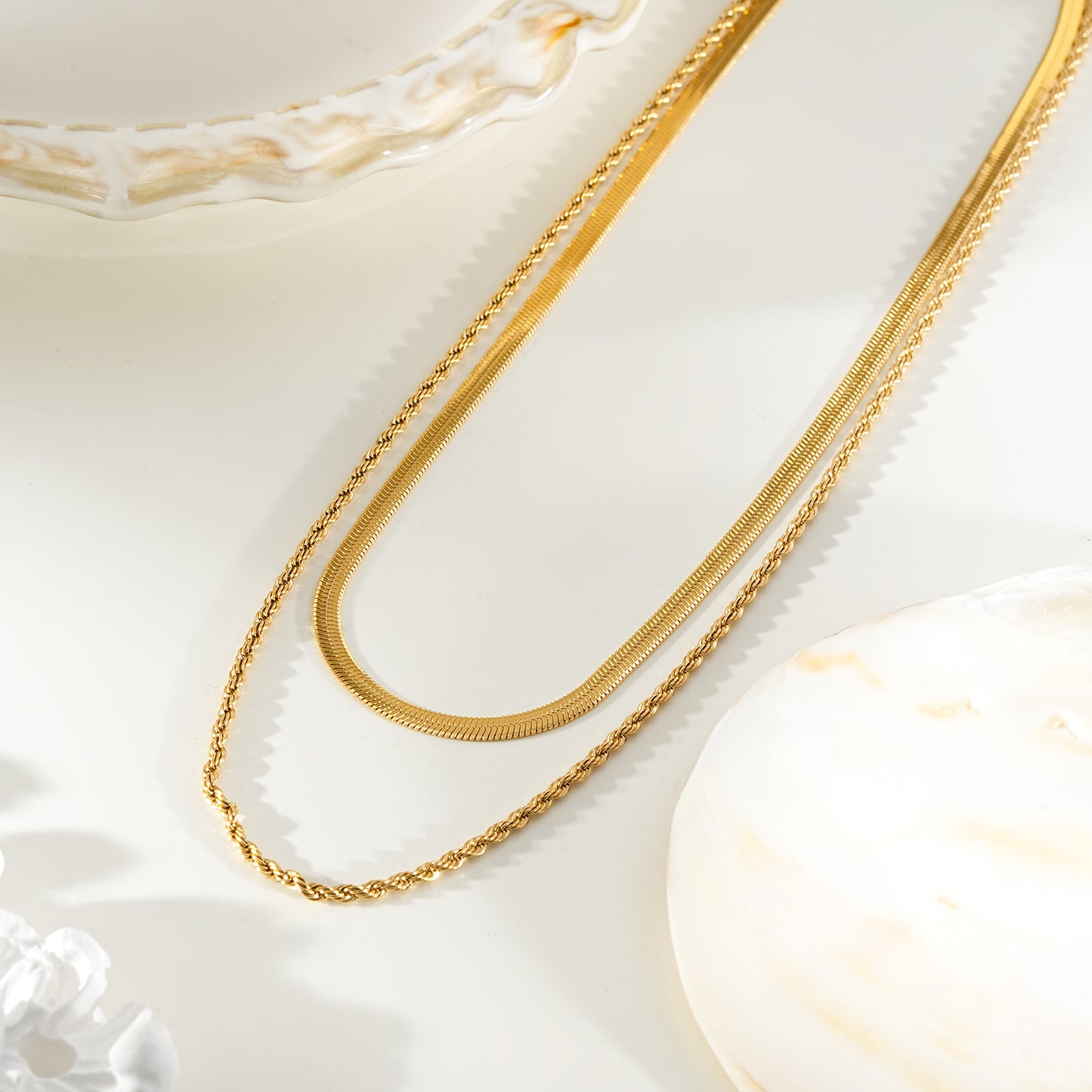 FAWZIA Gold: 2-Layered Flat Snake Chain & Rope Chain Necklace