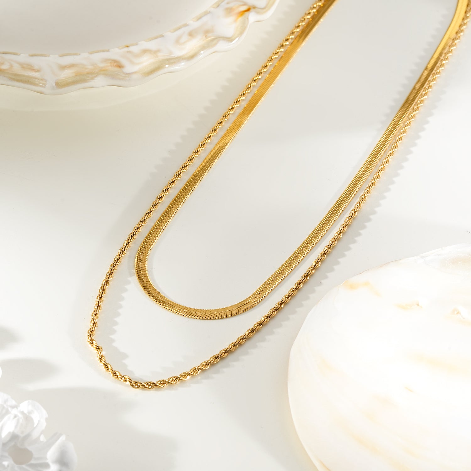 FAWZIA Gold: 2-Layered Flat Snake Chain & Rope Chain Necklace