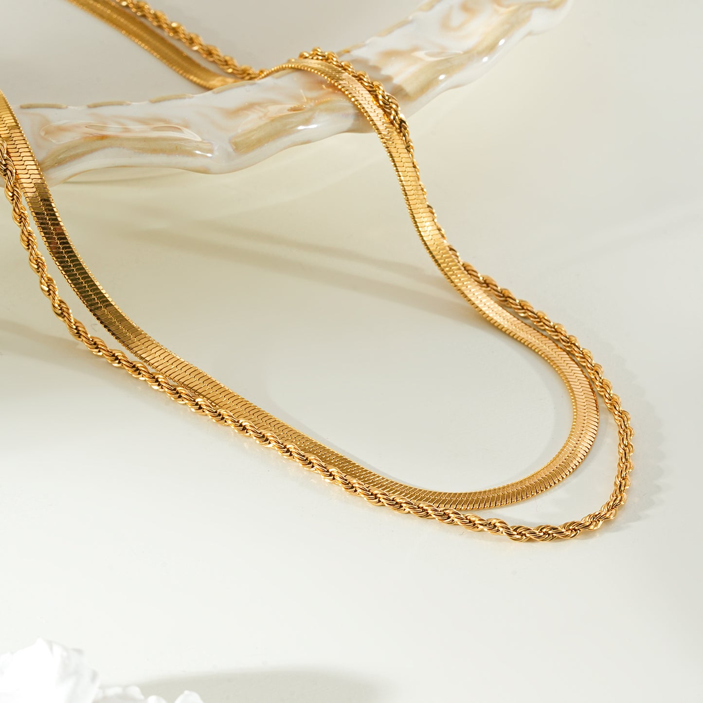 FAWZIA Gold: 2-Layered Flat Snake Chain & Rope Chain Necklace