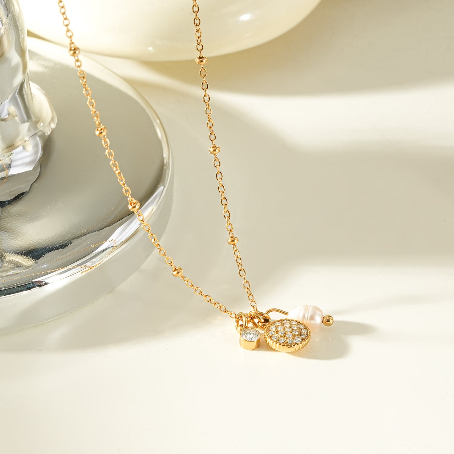 KAAMIL Gold: Retro Art Deco Charms Necklace with a Beaded Chain