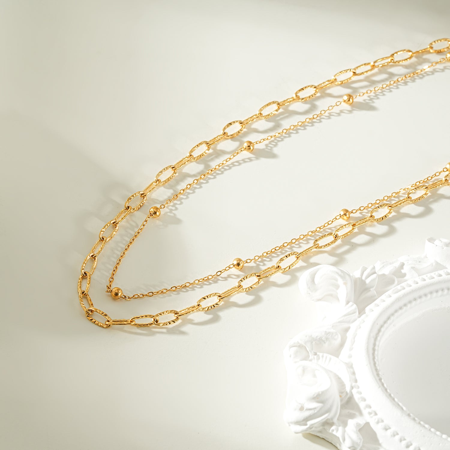 CASTILIA Gold Necklace:  Double Stacked Paper Clip Chain &  Beaded Chain - Dazzle in Duality.
