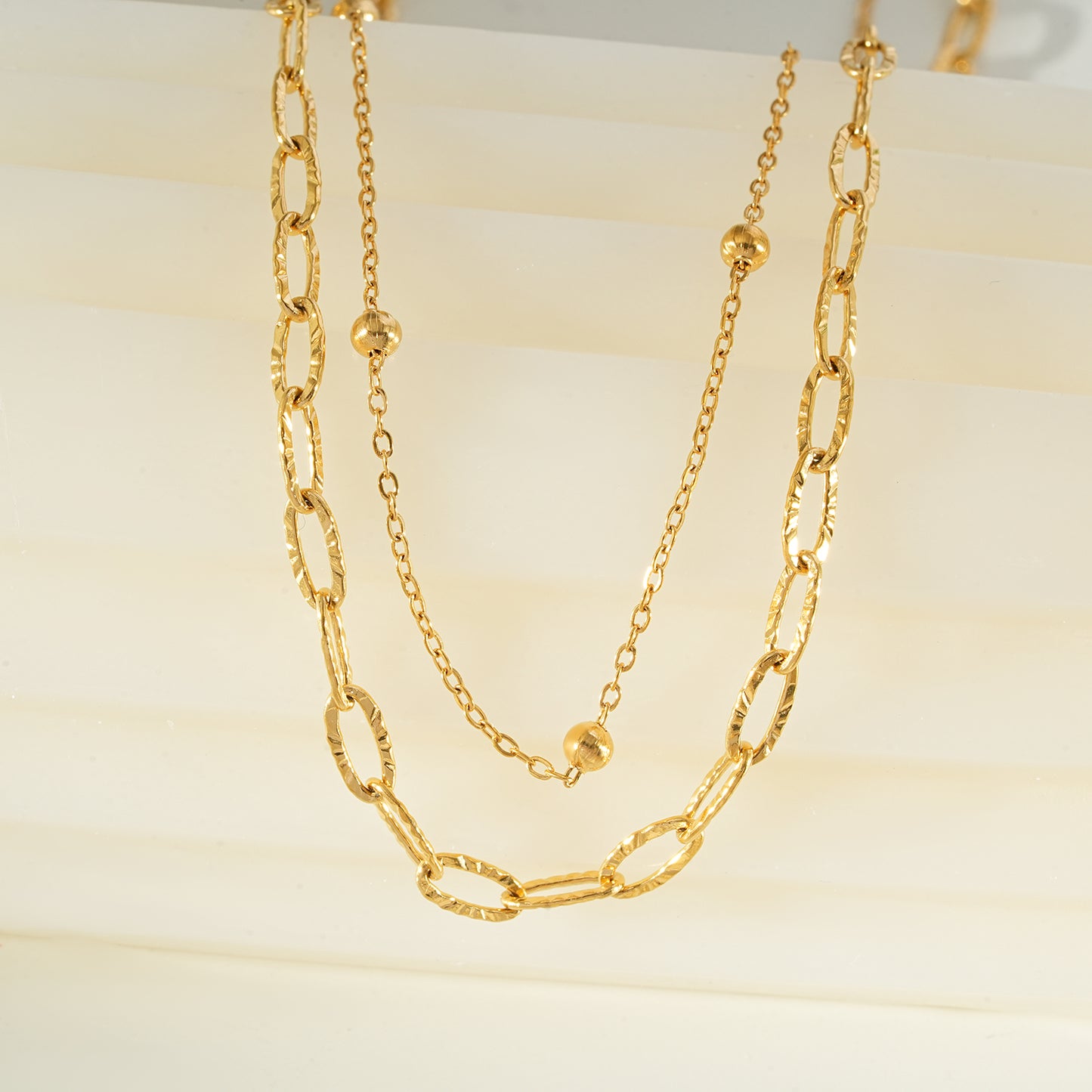 CASTILIA Gold Necklace:  Double Stacked Paper Clip Chain &  Beaded Chain - Dazzle in Duality.
