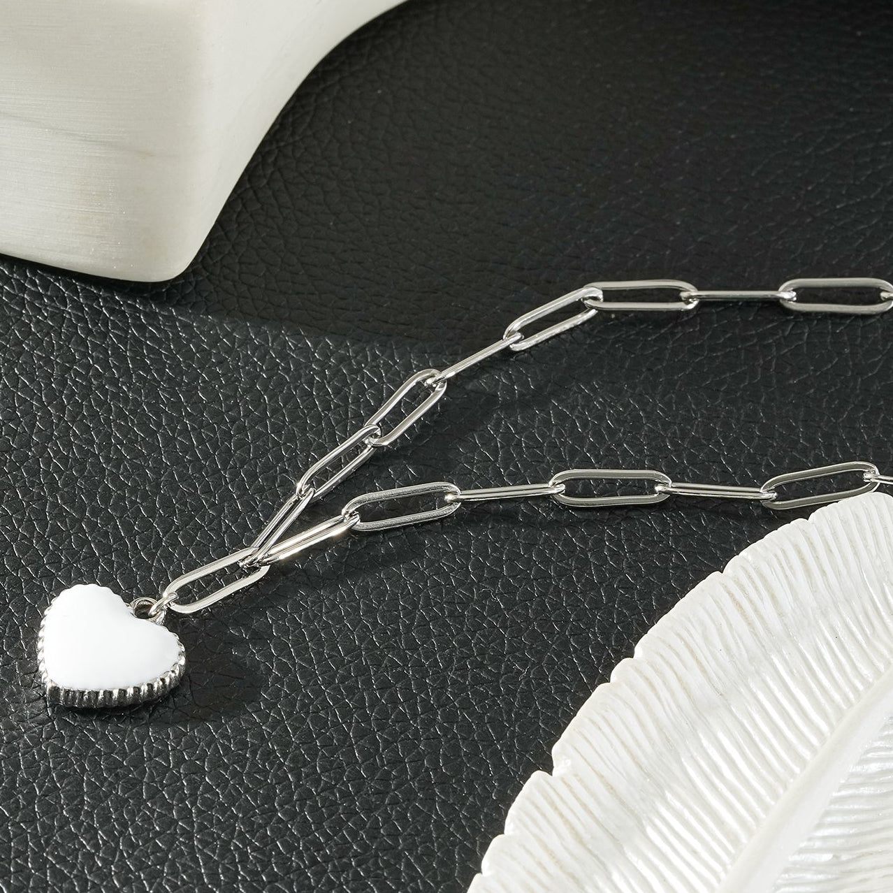 HEART WHITE Silver (White Gold): Paper Clip Chain Anchoring an Enameled White Heart Charm