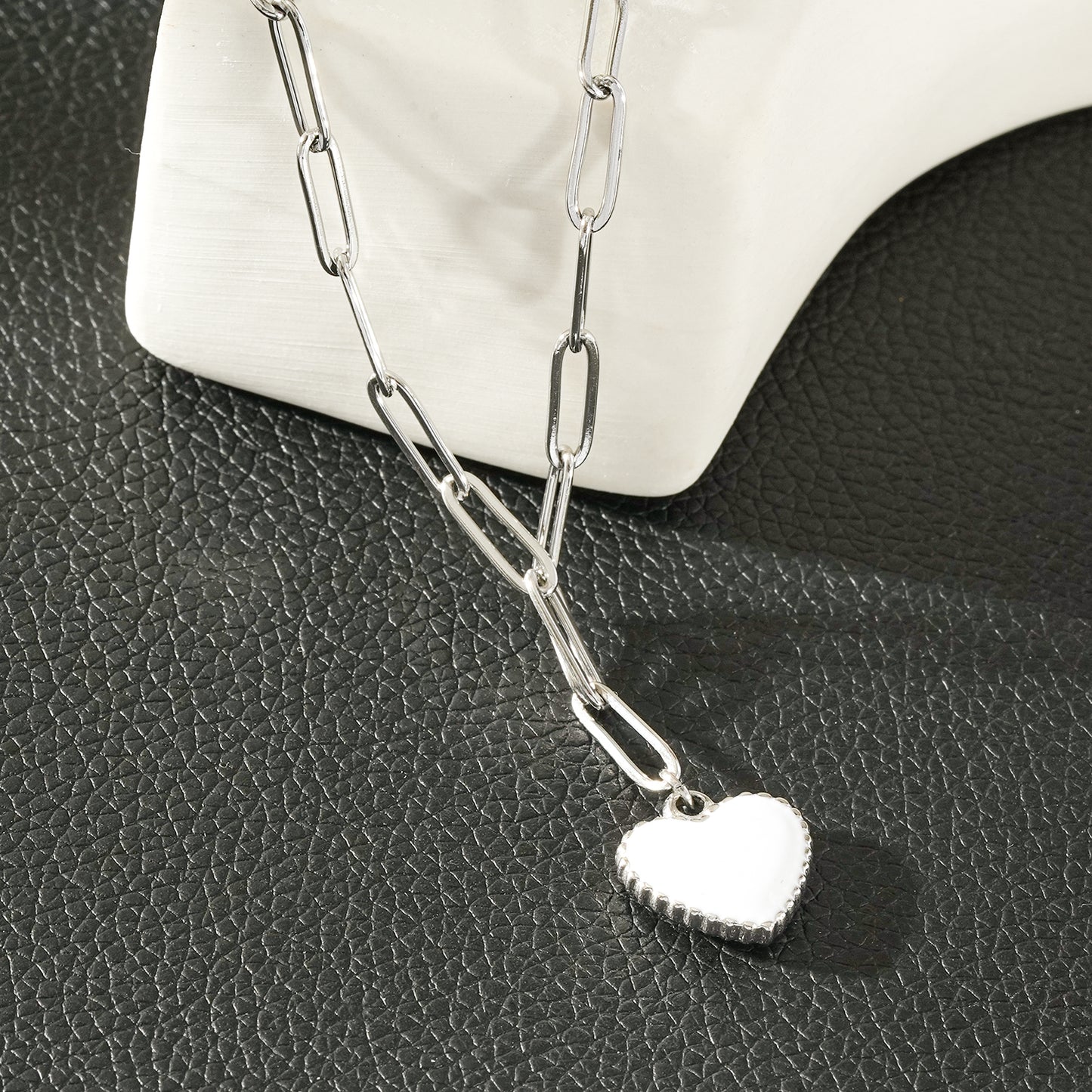 HEART WHITE Silver (White Gold): Paper Clip Chain Anchoring an Enameled White Heart Charm