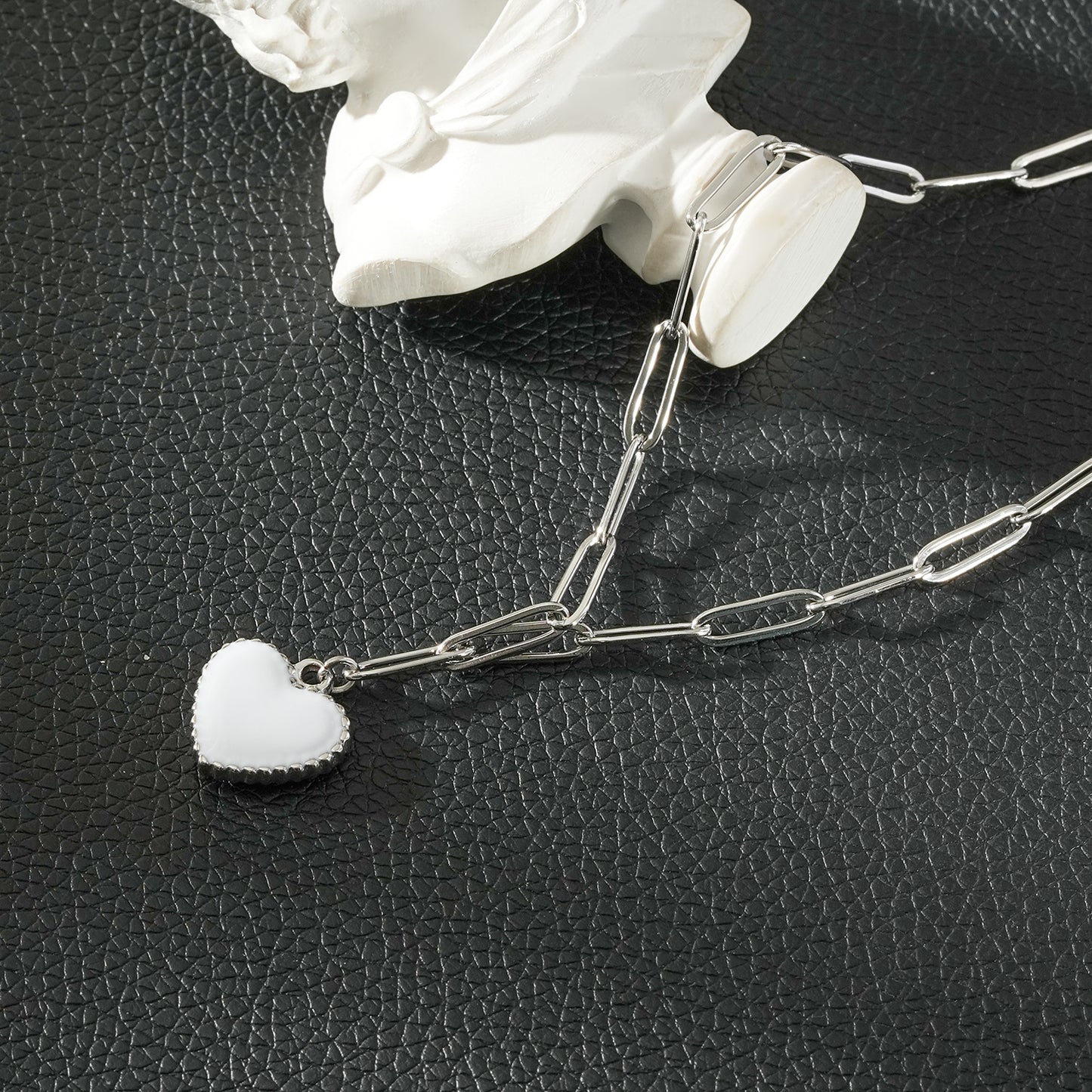 HEART WHITE Silver (White Gold): Paper Clip Chain Anchoring an Enameled White Heart Charm