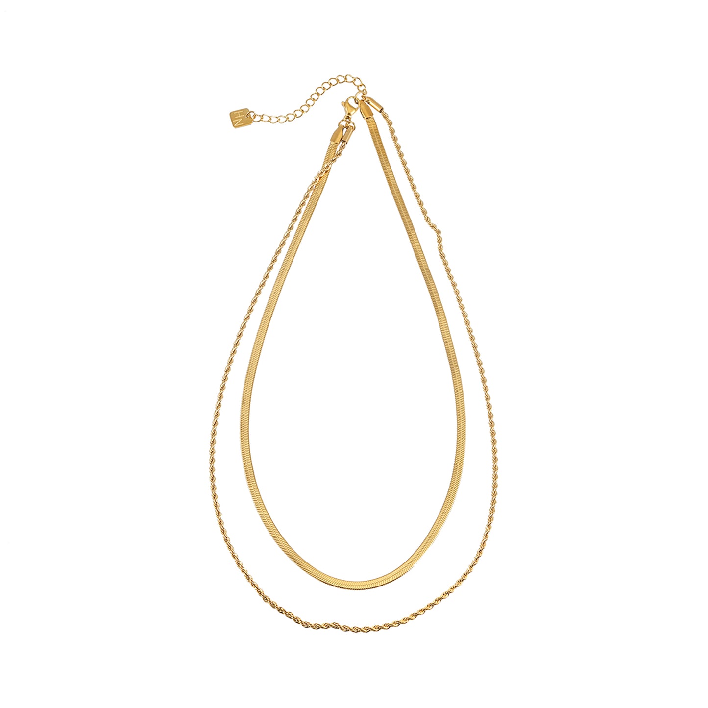 FAWZIA Gold: 2-Layered Flat Snake Chain & Rope Chain Necklace
