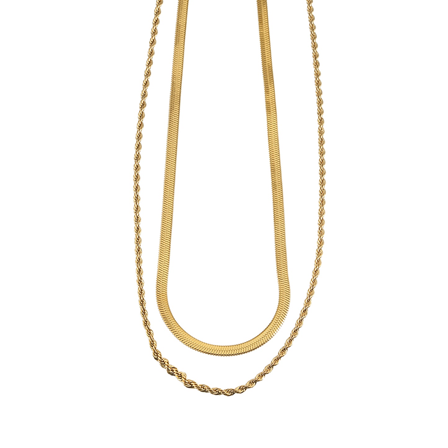 FAWZIA Gold: 2-Layered Flat Snake Chain & Rope Chain Necklace