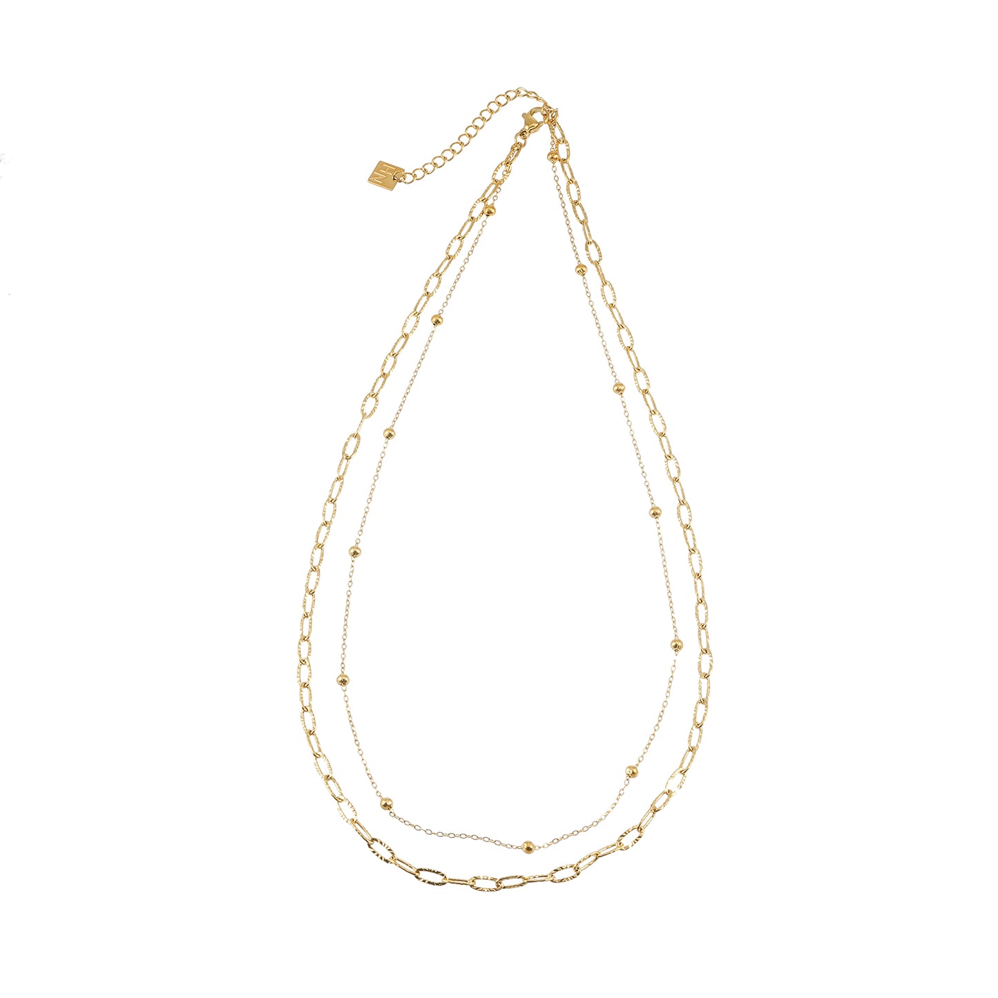 CASTILIA Gold Necklace:  Double Stacked Paper Clip Chain &  Beaded Chain - Dazzle in Duality.