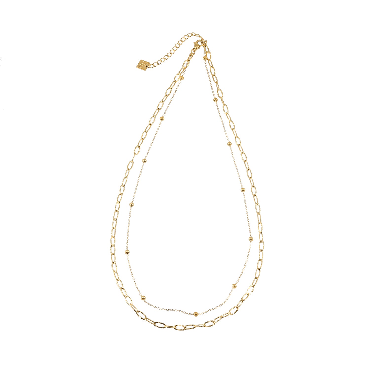 CASTILIA Gold Necklace:  Double Stacked Paper Clip Chain &  Beaded Chain - Dazzle in Duality.
