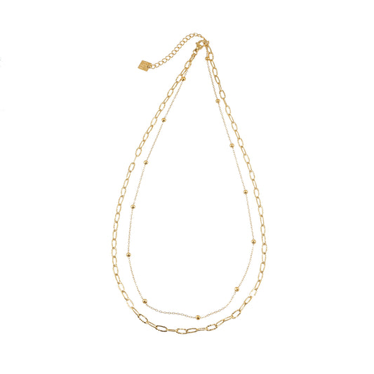 CASTILIA Gold Necklace:  Double Stacked Paper Clip Chain &  Beaded Chain - Dazzle in Duality.