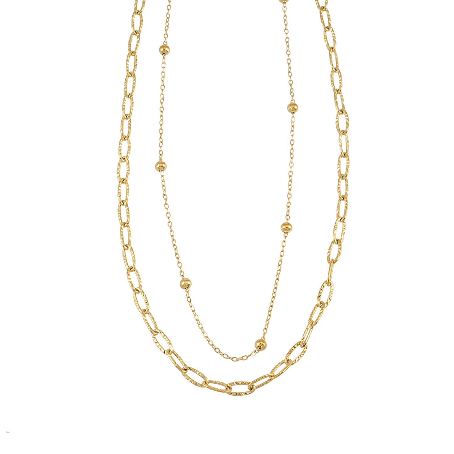 CASTILIA Gold Necklace:  Double Stacked Paper Clip Chain &  Beaded Chain - Dazzle in Duality.