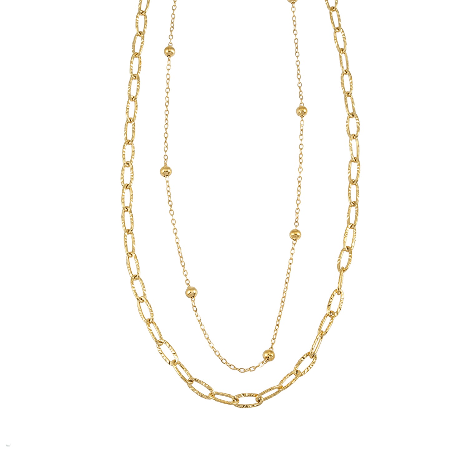 CASTILIA Gold Necklace:  Double Stacked Paper Clip Chain &  Beaded Chain - Dazzle in Duality.