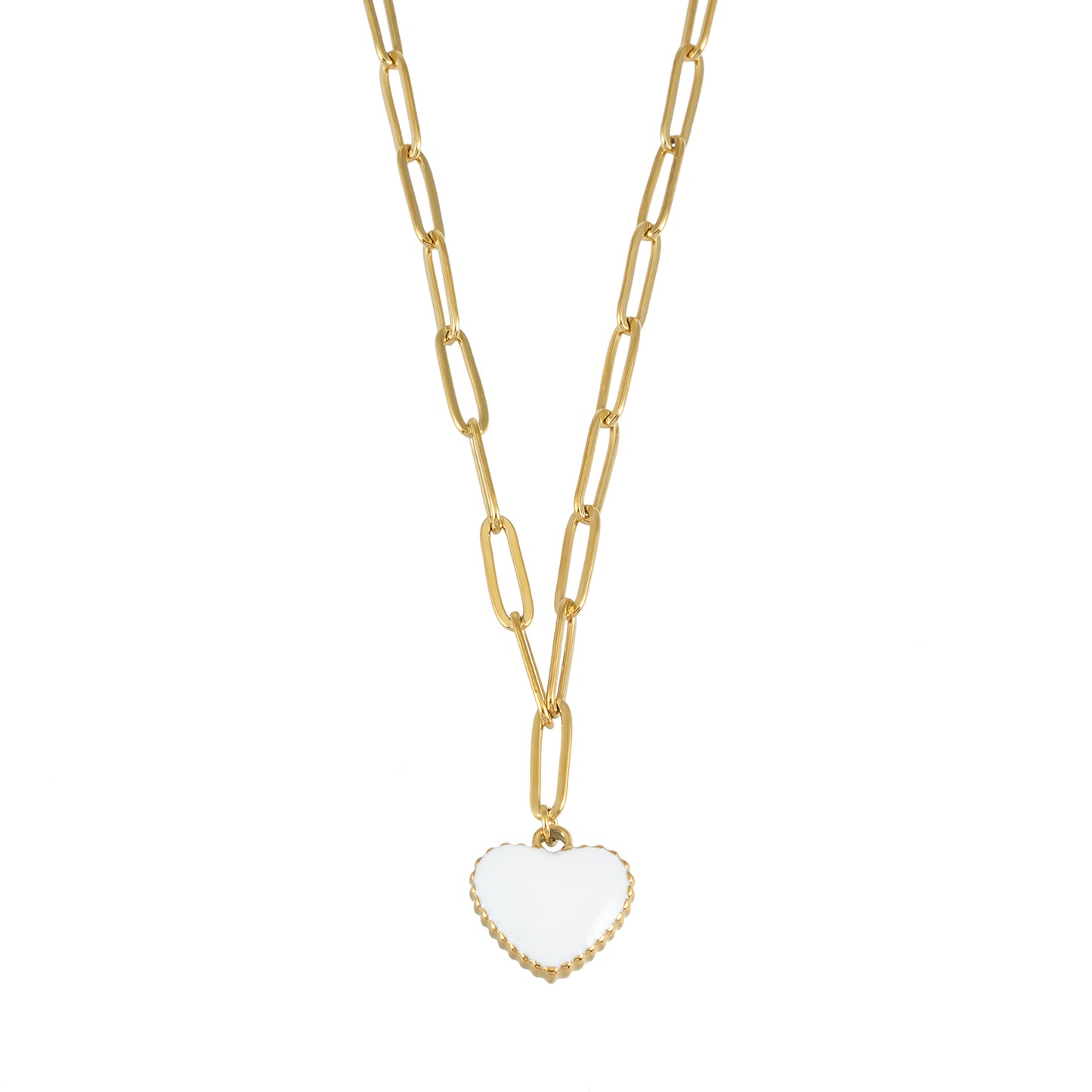 HEART WHITE Gold: Paper Clip Chain Anchoring an Enameled White Heart Charm