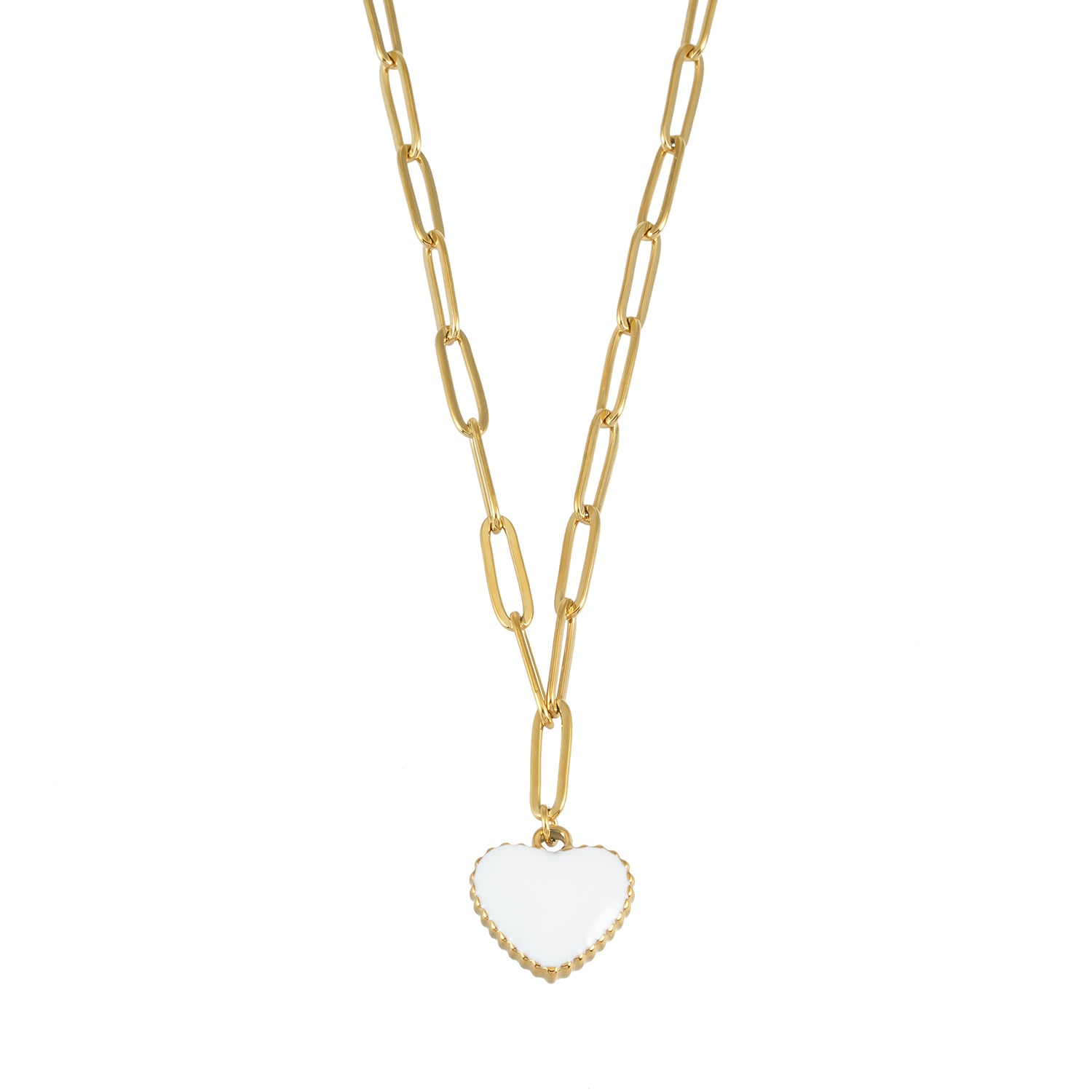HEART WHITE Gold: Paper Clip Chain Anchoring an Enameled White Heart Charm