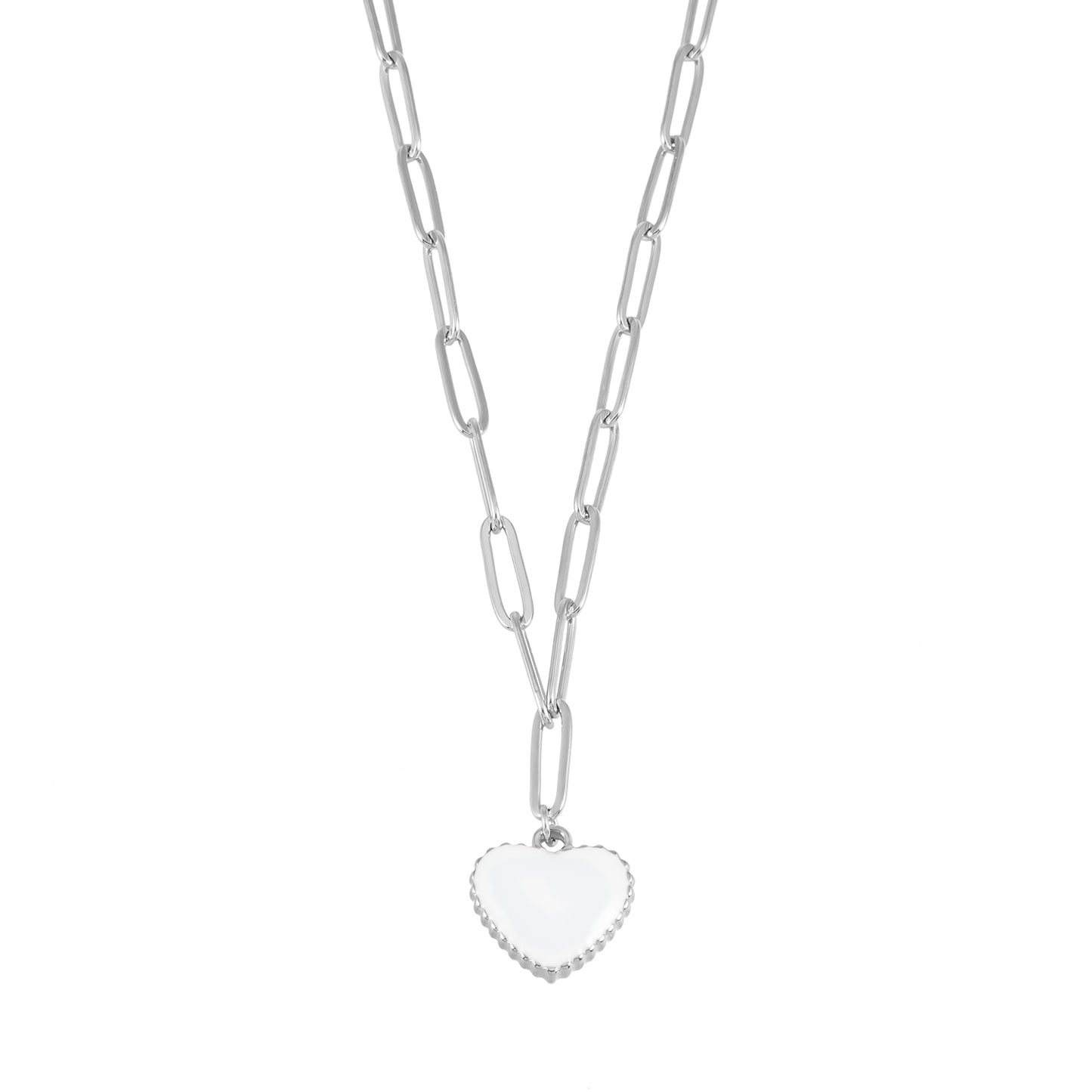 HEART WHITE Silver (White Gold): Paper Clip Chain Anchoring an Enameled White Heart Charm
