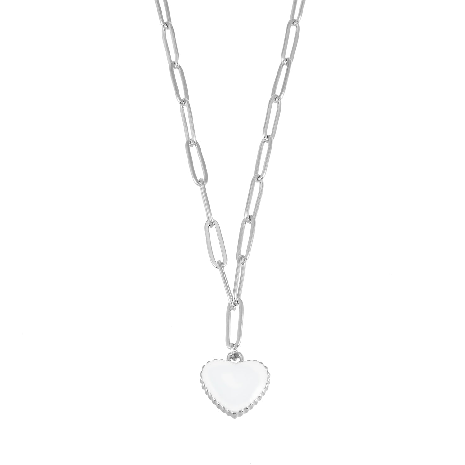 HEART WHITE Silver (White Gold): Paper Clip Chain Anchoring an Enameled White Heart Charm