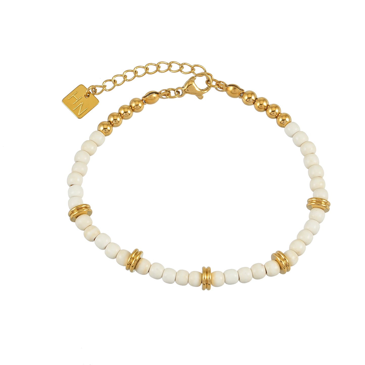 JAMILAH Gold: White Turquoise Stones and Gold Beaded Bracelet.