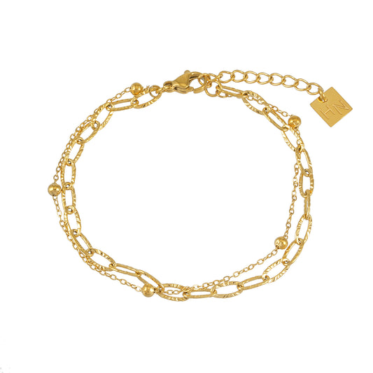 CASTILIA Gold Bracelet:  Double Stacked Paper Clip Chain &  Beaded Chain - Dazzle in Duality